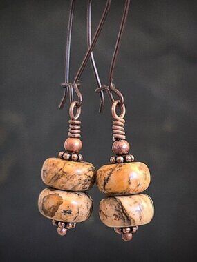 American Picture Jasper And Copper Boho Earrings Handmade